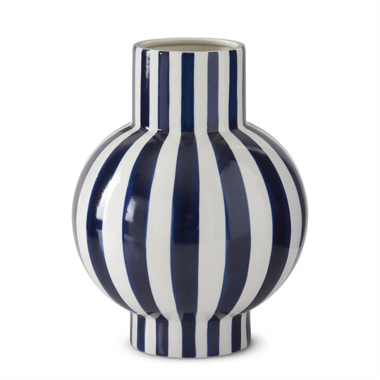 13 Inch Blue & White Vertical Striped Ceramic Vase