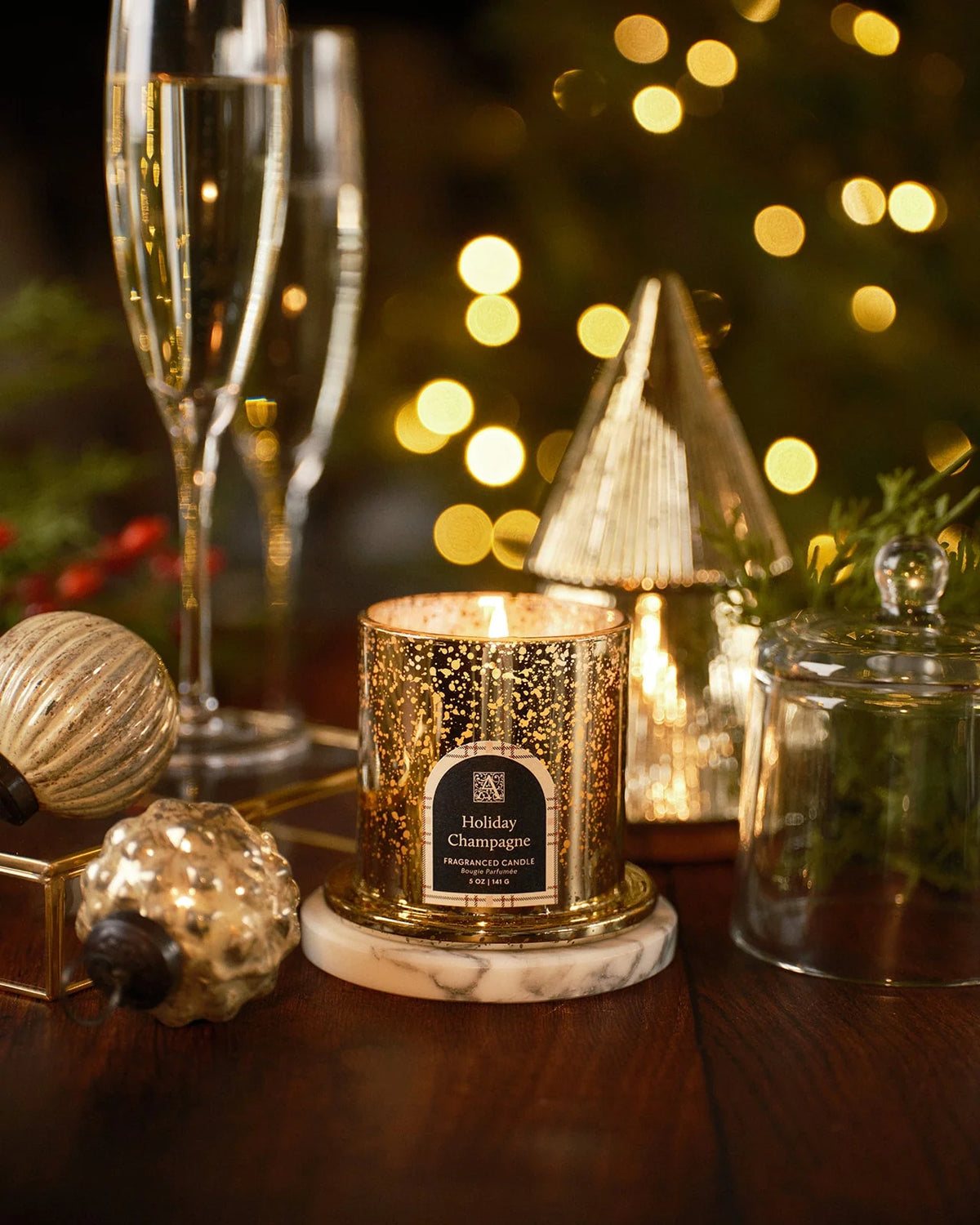 Holiday Champagne Plaid Cloche Glass Candle