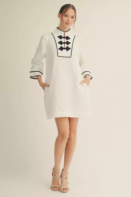 Oriental Vibe Jacquard White Dress w/ Black Trim