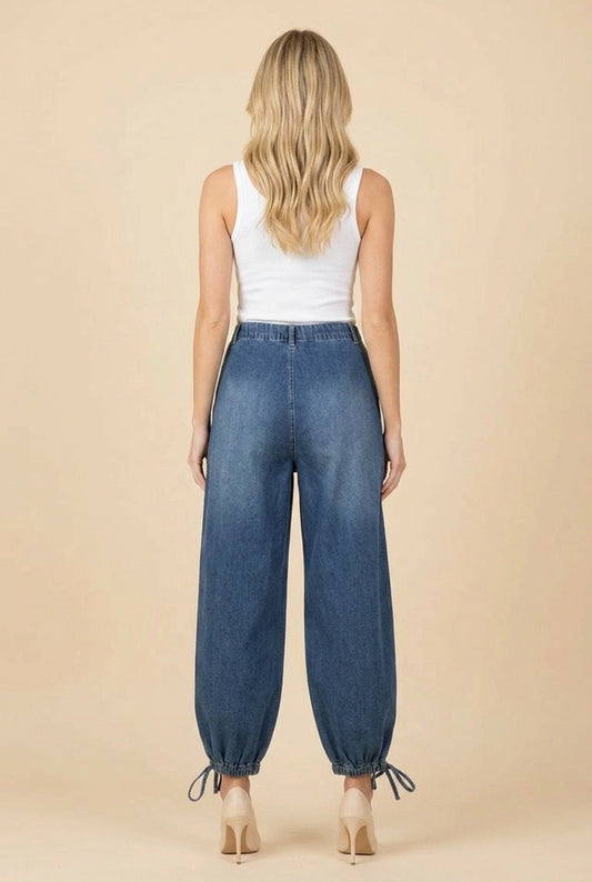 High Waist Tie Hem Barrel Leg Dark Denim Pants