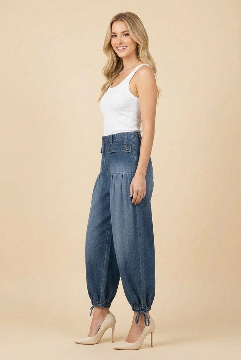 High Waist Tie Hem Barrel Leg Dark Denim Pants