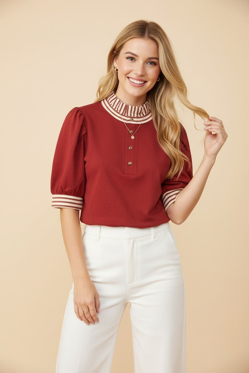 Knit Polo With Striped Ruffle Detail