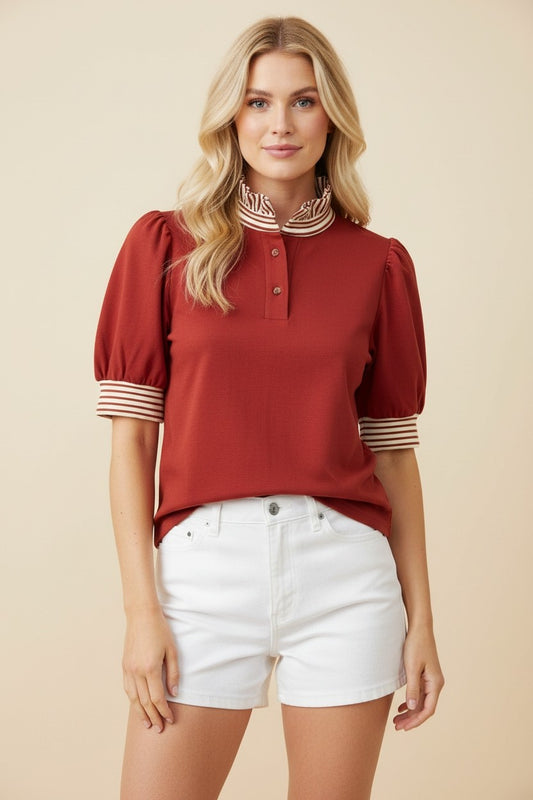 Knit Polo With Striped Ruffle Detail
