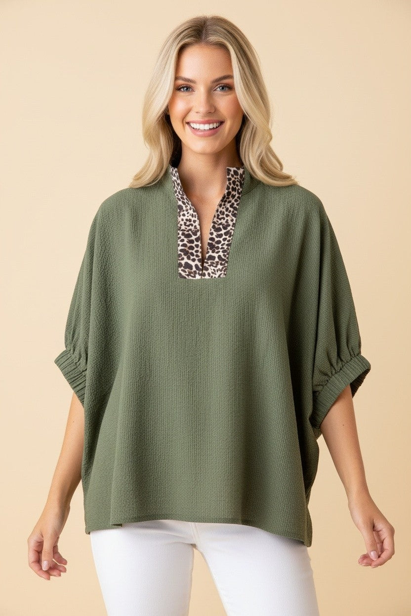 Textured Oversized Split Neck Short Sleeve Olive Top