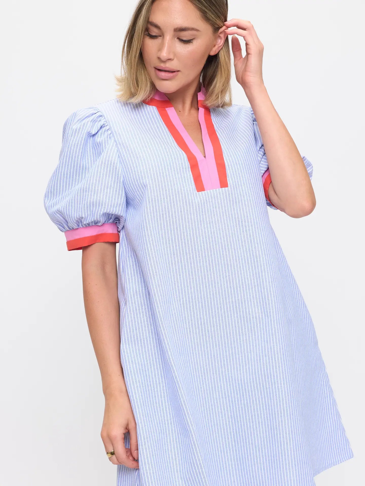 Striped Linen Dress with Contrast Trim