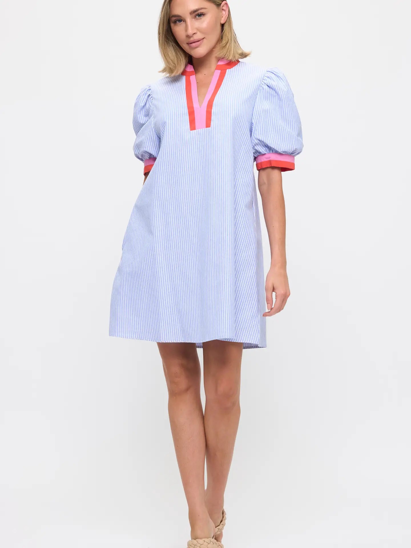 Striped Linen Dress with Contrast Trim