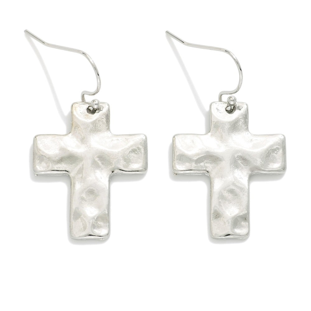 Hammered Silver Metal Cross Drop Earrings