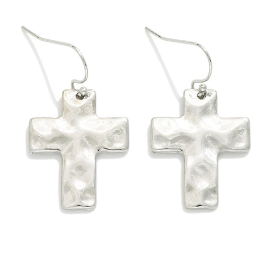 Hammered Silver Metal Cross Drop Earrings