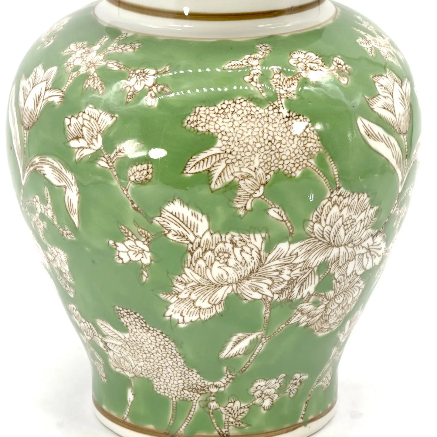 Green & White Floral Peony Ceramic Chinoiserie Jar 12"
