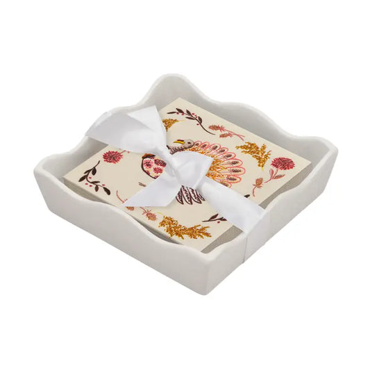 Ceramic Scalloped Cocktail Napkin Tray with Turkey Cocktail Napkins