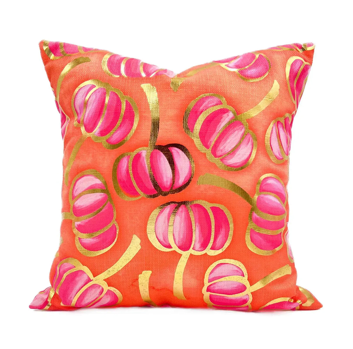 Golden Pink Falling Pumpkins Pillow