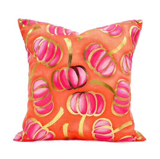 Golden Pink Falling Pumpkins Pillow