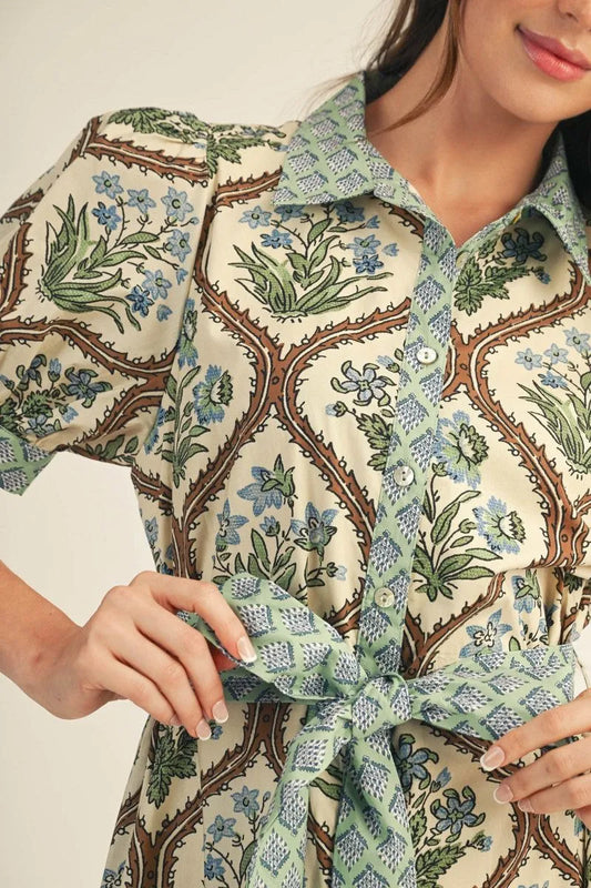 Floral Midi Dress with Waist Tie