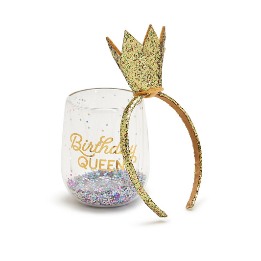 Birthday Queen Stemless Wine Glass and Glitter Headband