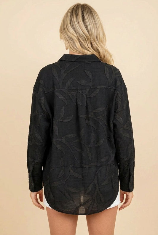 Black Button Down Textured Blouse