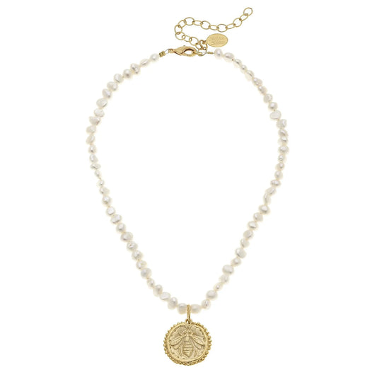 Susan Shaw Handcast Gold Bee & White Freshwater Pearl Necklace 3029G