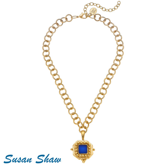 Susan Shaw Handcast Gold Square with Blue French Glass Necklace 3081BL