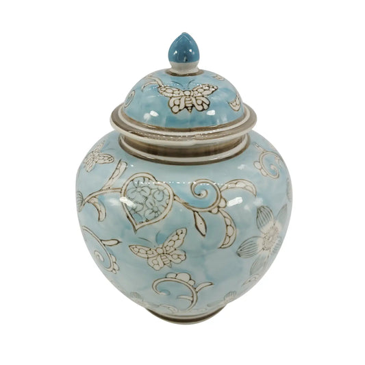 Ceramic Chinoiserie Ginger Jar 10" Light Blue & White