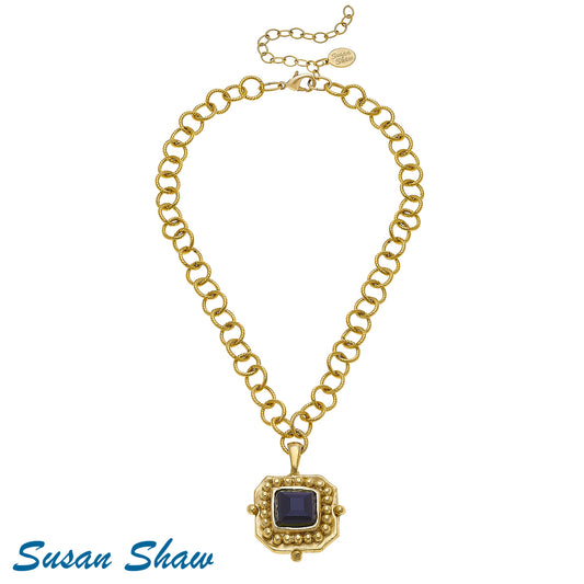 Susan Shaw Handcast Gold Chain Necklace with Black Crystal Pendant 3112J