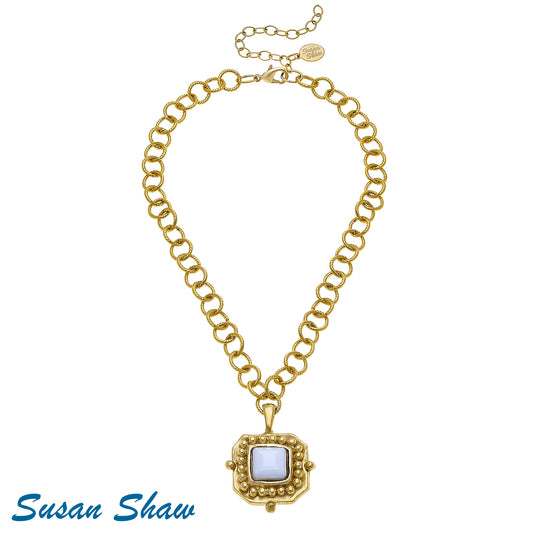 Susan Shaw Handcast Gold Chain Necklace with White Crystal Pendant 3112W