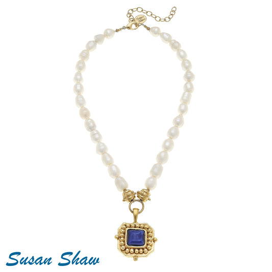 Susan Shaw Pearl Necklace with Gold Pendant and Blue Stone 3113BL