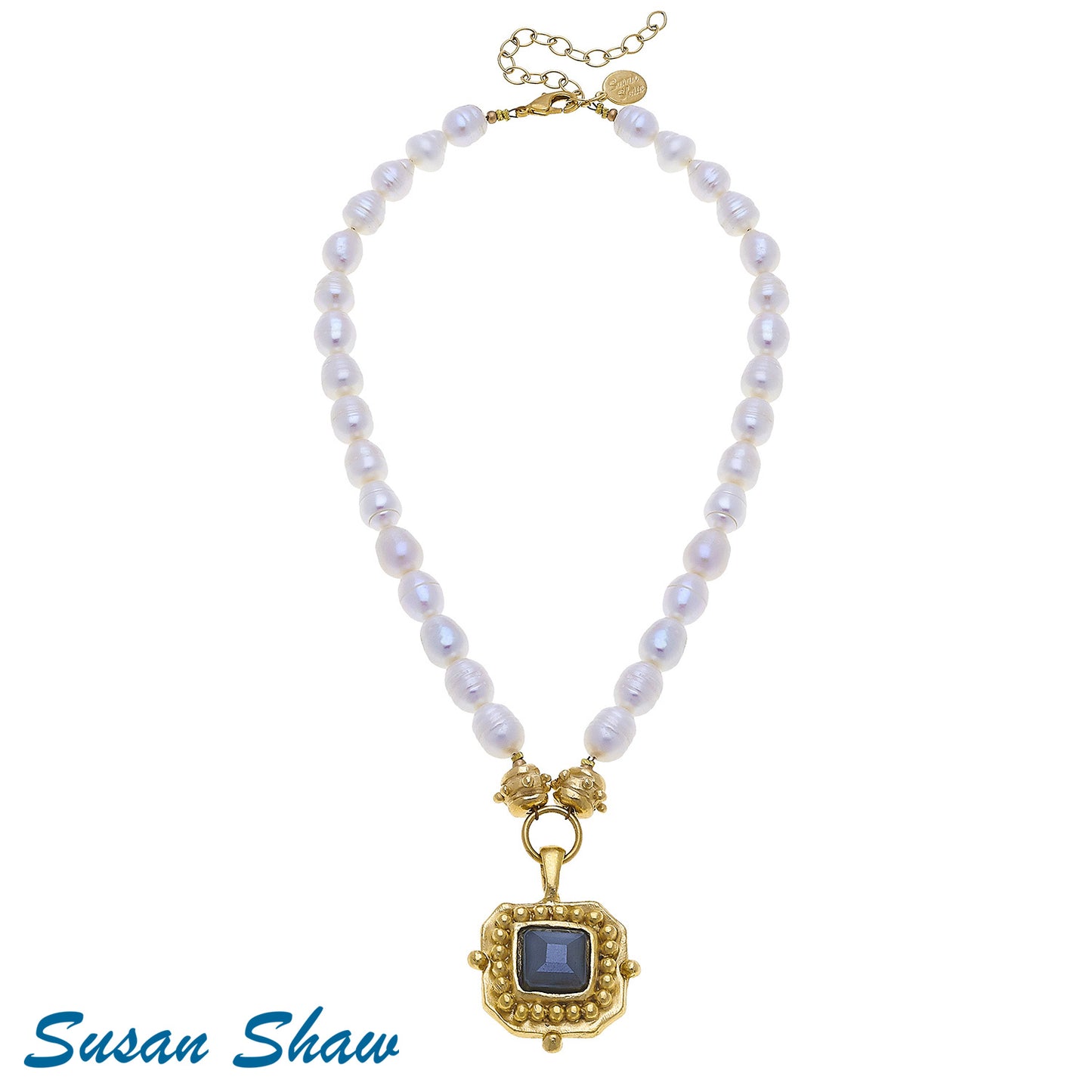 Susan Shaw Handcast Pearl Necklace with Gold Pendant and Black Stone 3113L