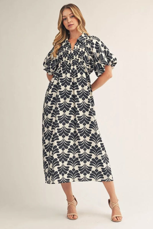 Black and Cream Floral Midi Dress