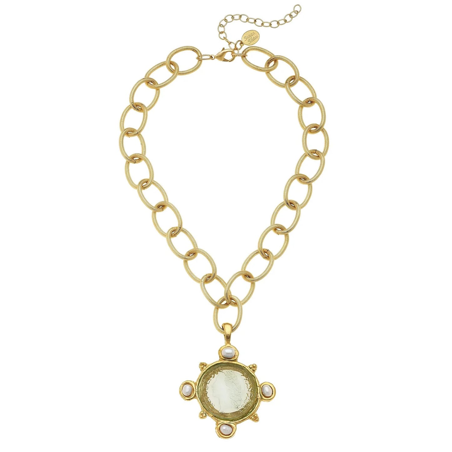 Susan Shaw Venetian Glass and Pearl Fleur-de-lis Intaglio Necklace 3398C