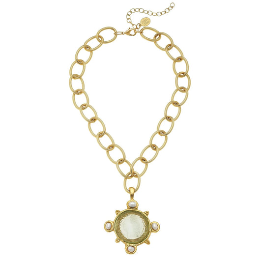 Susan Shaw Venetian Glass and Pearl Fleur-de-lis Intaglio Necklace 3398C