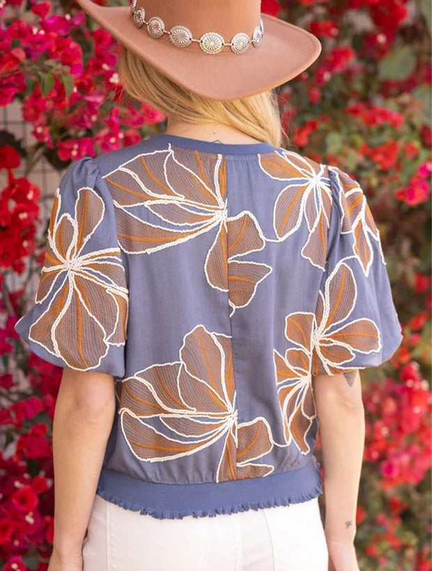 Floral Embroidery Blouse With Fringe