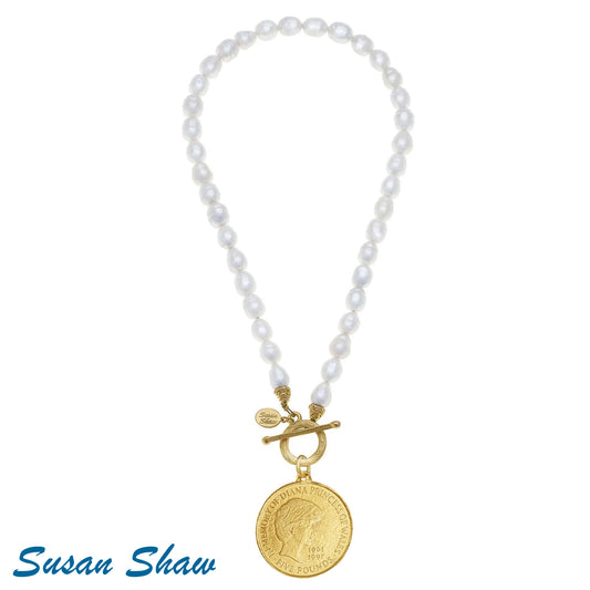 Susan Shaw Gold Diana Coin on Freshwater Pearl Toggle Necklace 3614WD