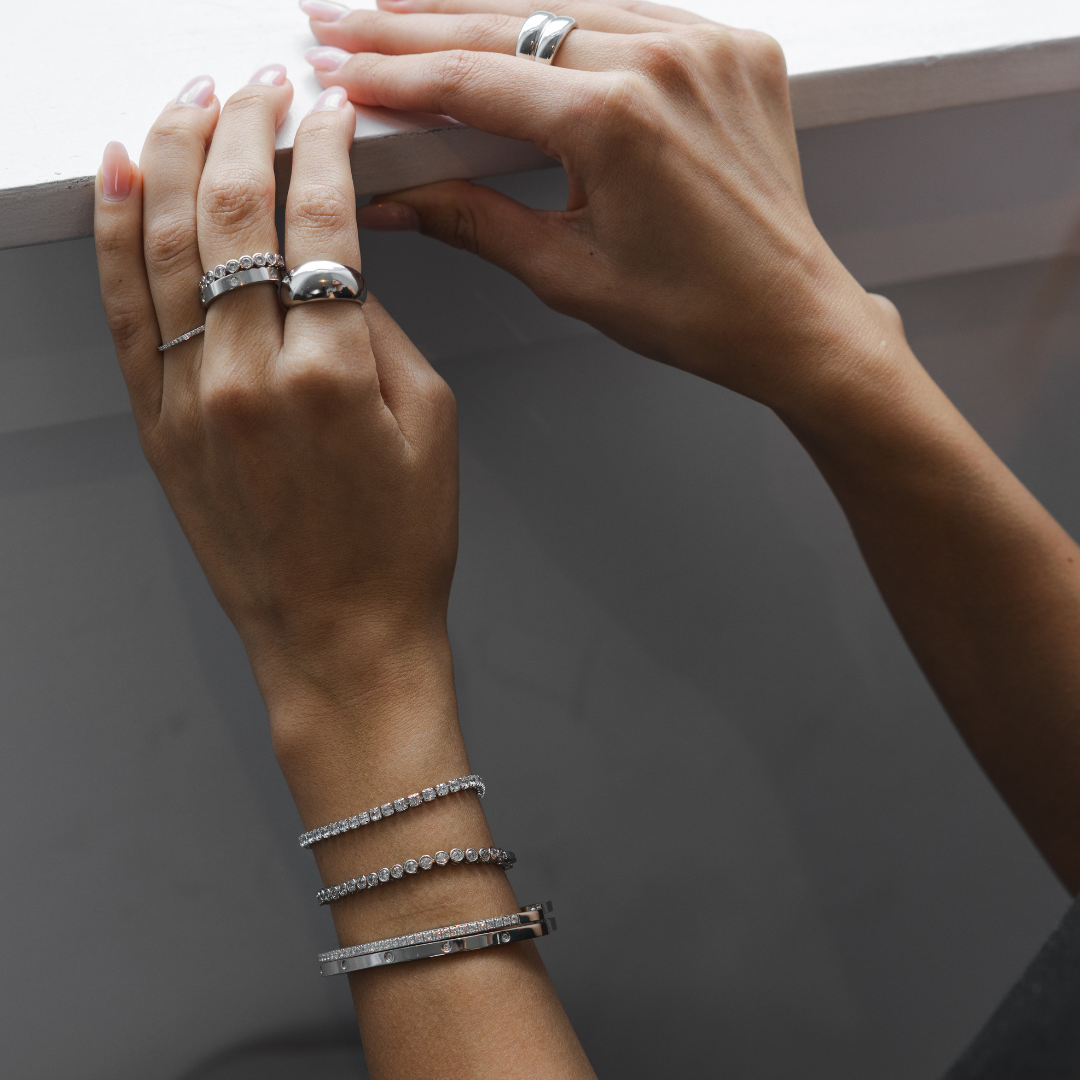 Waterproof Silver Dainty Tennis Ring Band