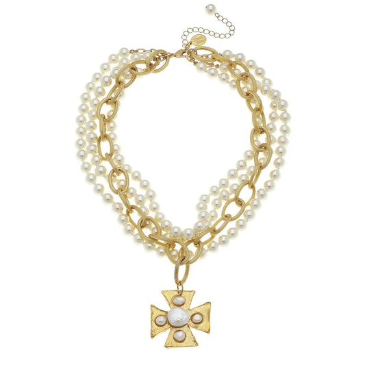 Susan Shaw Gold and Pearl 3-Strand Maltese Cross Necklace 3731M