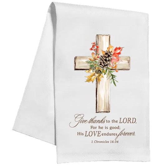Brown Cross w/ Fall Leaves Scripture 1Chr. 16:34 Kitchen Towel