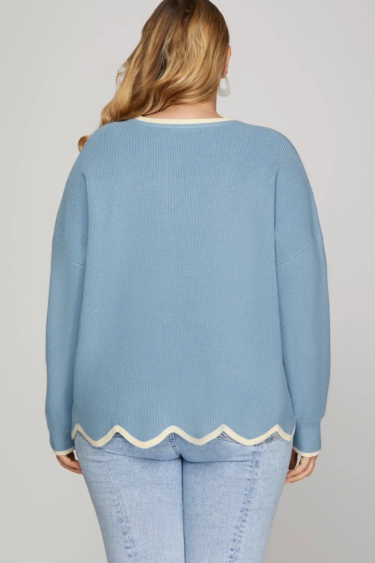 Misty Blue Scallop Hem Sweater