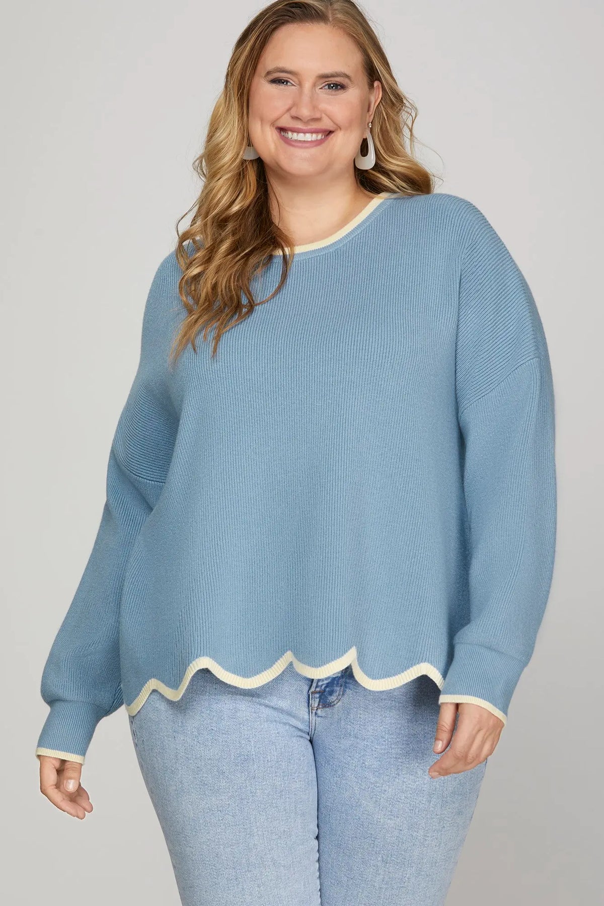 Misty Blue Scallop Hem Sweater