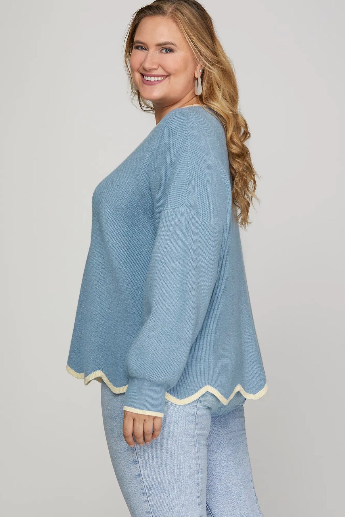 Misty Blue Scallop Hem Sweater