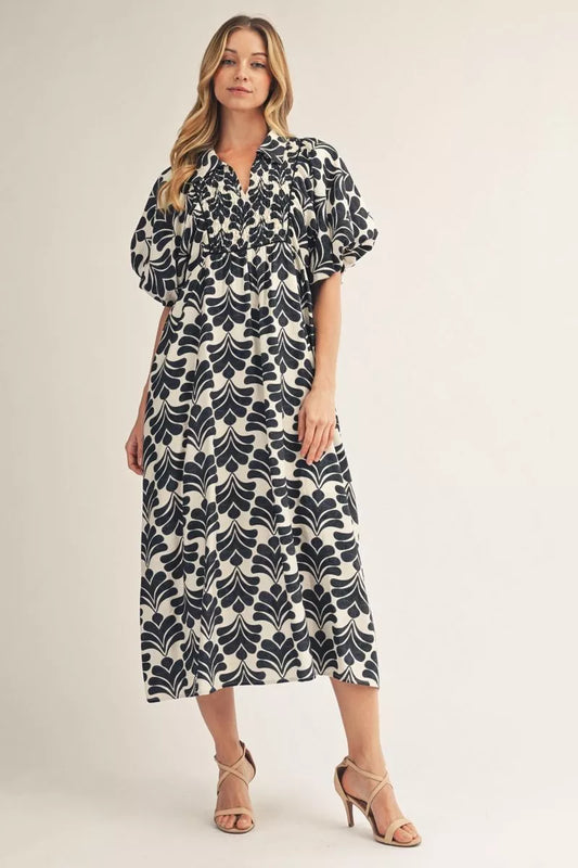 Black and Cream Floral Midi Dress