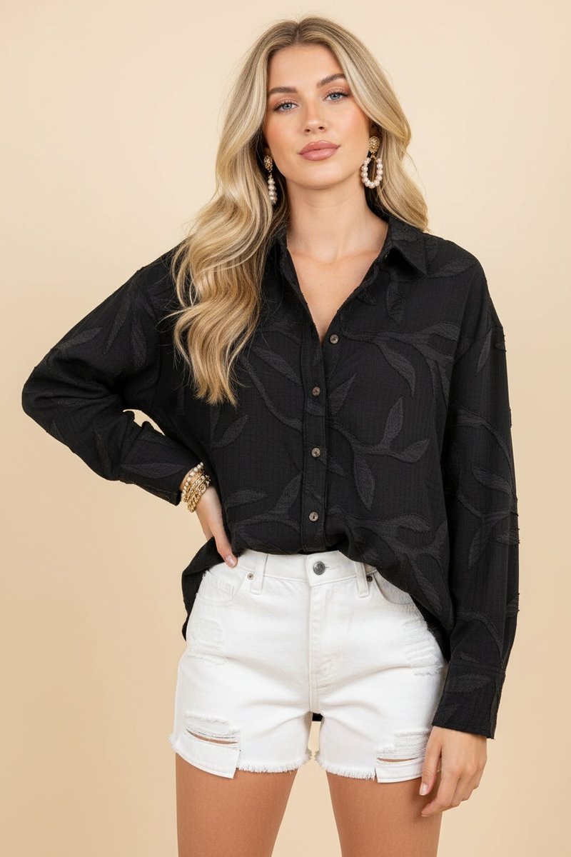Black Button Down Textured Blouse