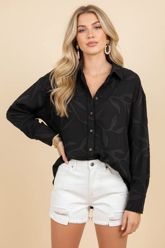 Black Button Down Textured Blouse