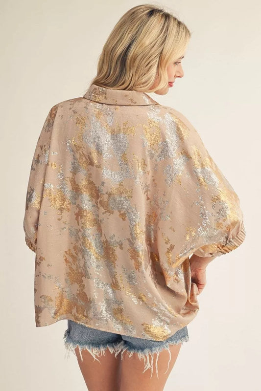 Taupe Drop Shoulder Dolman Sleeves Metallic Top