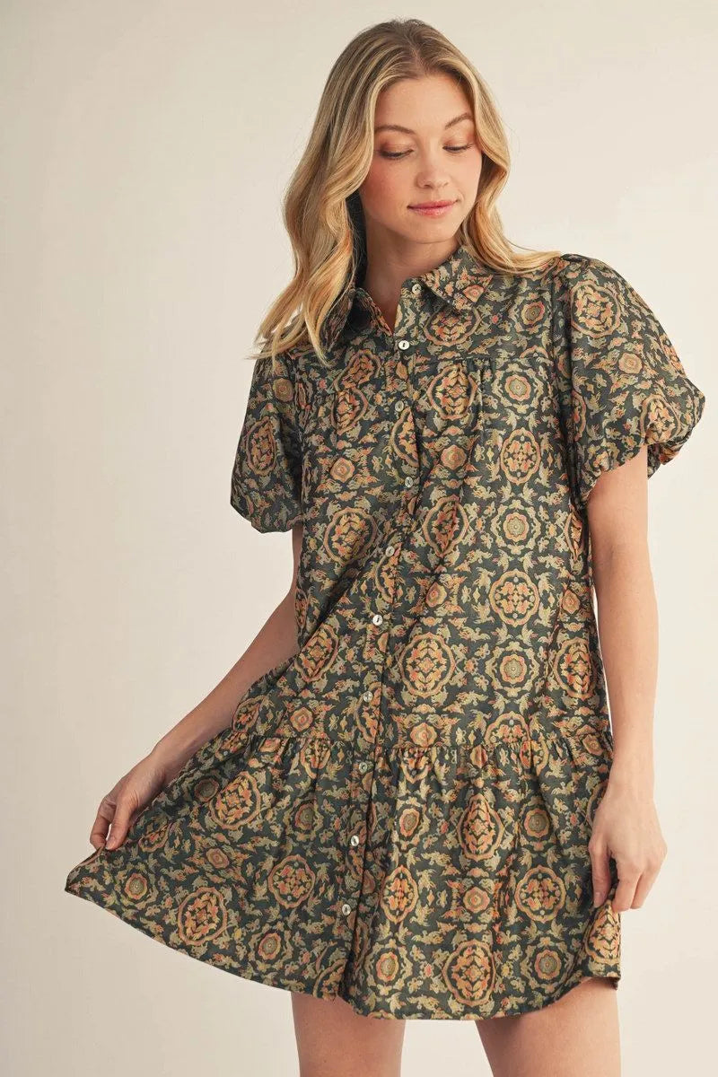 Green Jacquard Puff Sleeve Dress