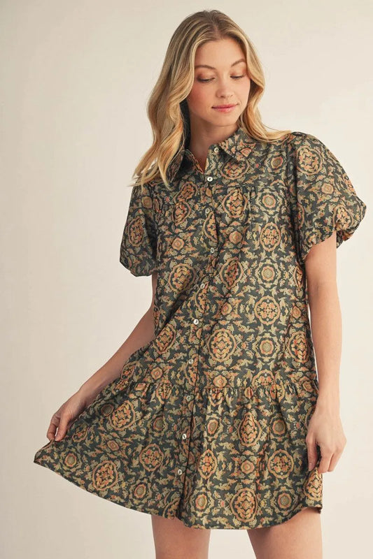 Green Jacquard Puff Sleeve Dress