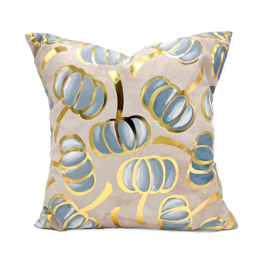 Golden Blue Falling Pumpkins Pillow