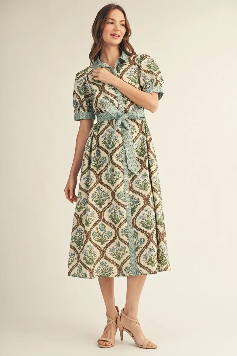 Floral Midi Dress with Waist Tie