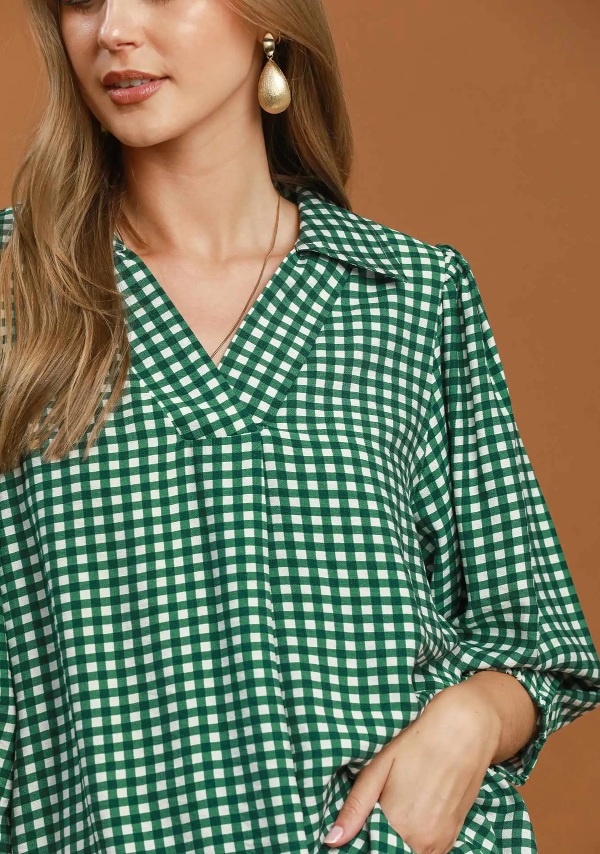 Classic Hunter Green Gingham Check Print Blouse