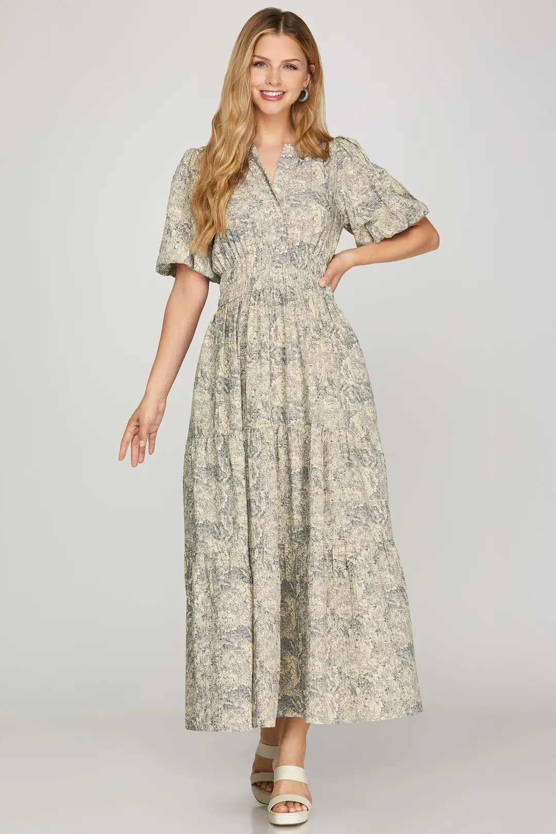 Half Balloon Sleeve Navy Woven Print Tiered Maxi Dress