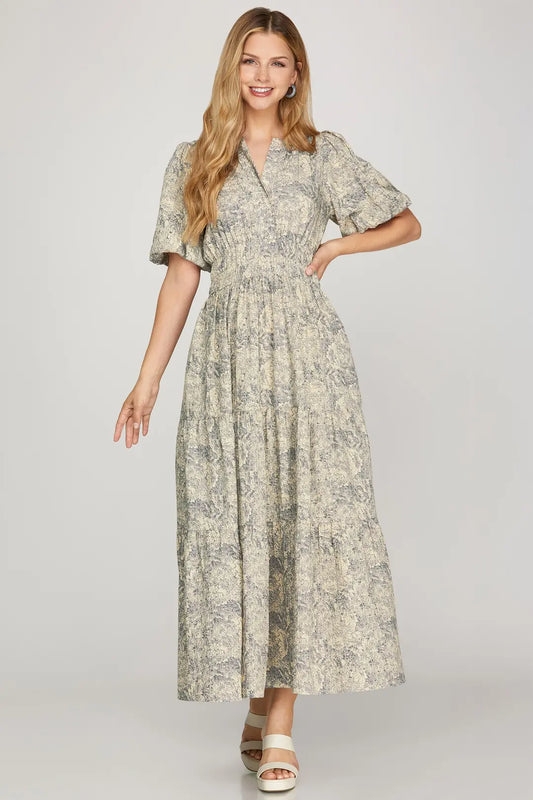 Half Balloon Sleeve Navy Woven Print Tiered Maxi Dress
