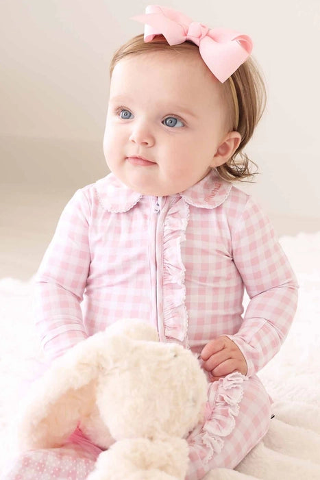 Pink Gingham Peter Pan Collar Zipper Footie