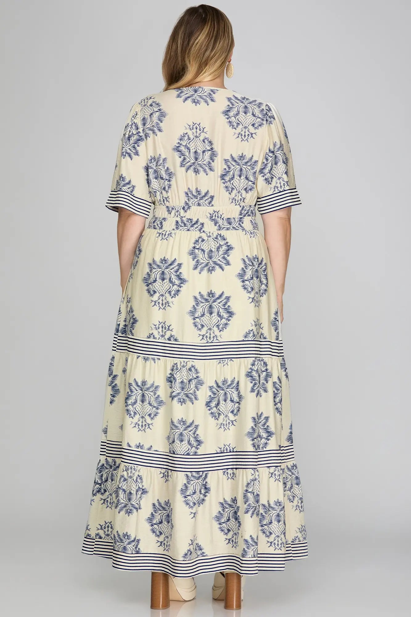 Blue  Woven Print Tiered Maxi Dress
